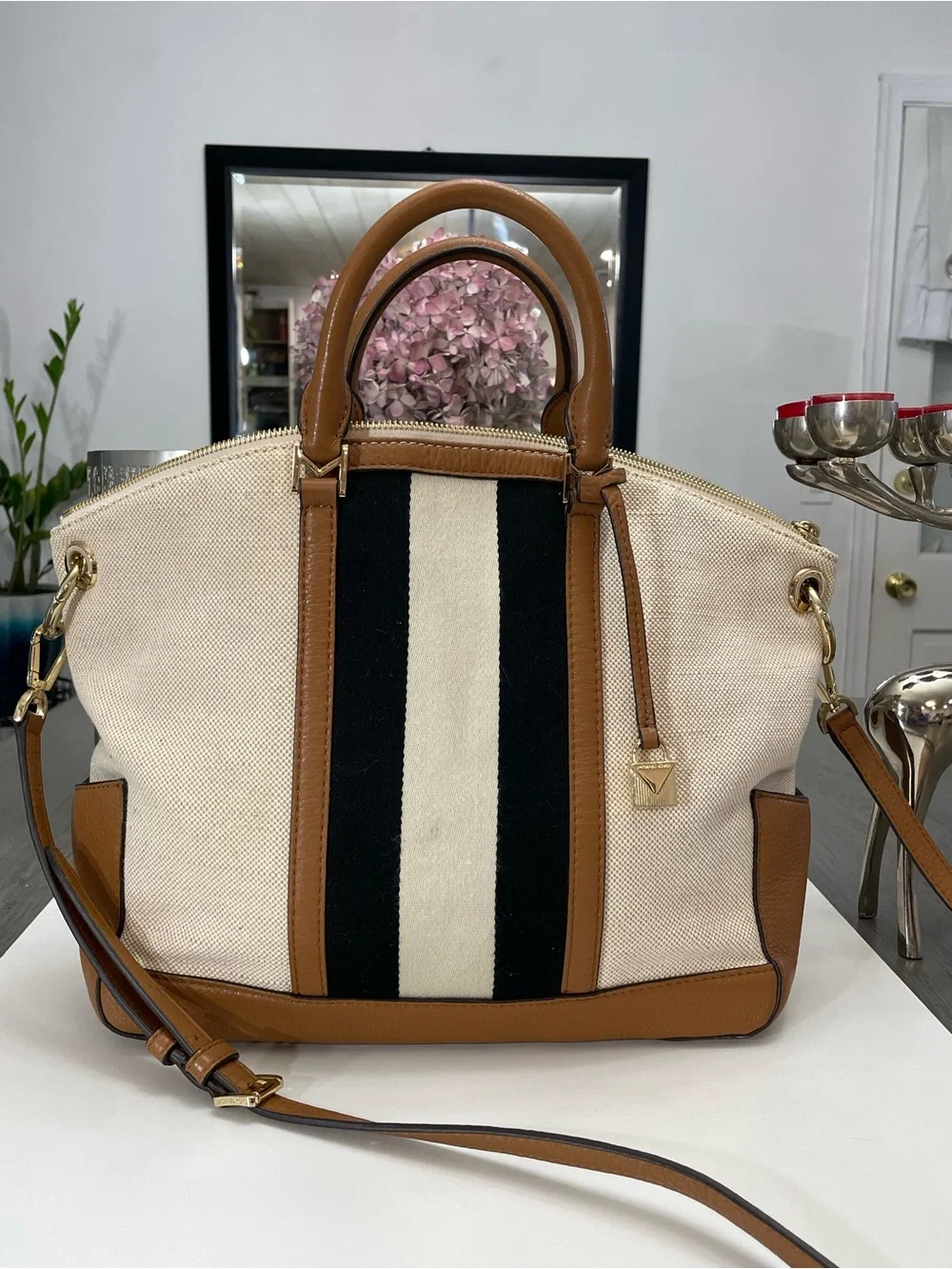 Michael Kors Canvas Leather Satchel Crossbody Bag Stripe Large Beige Brown Tot